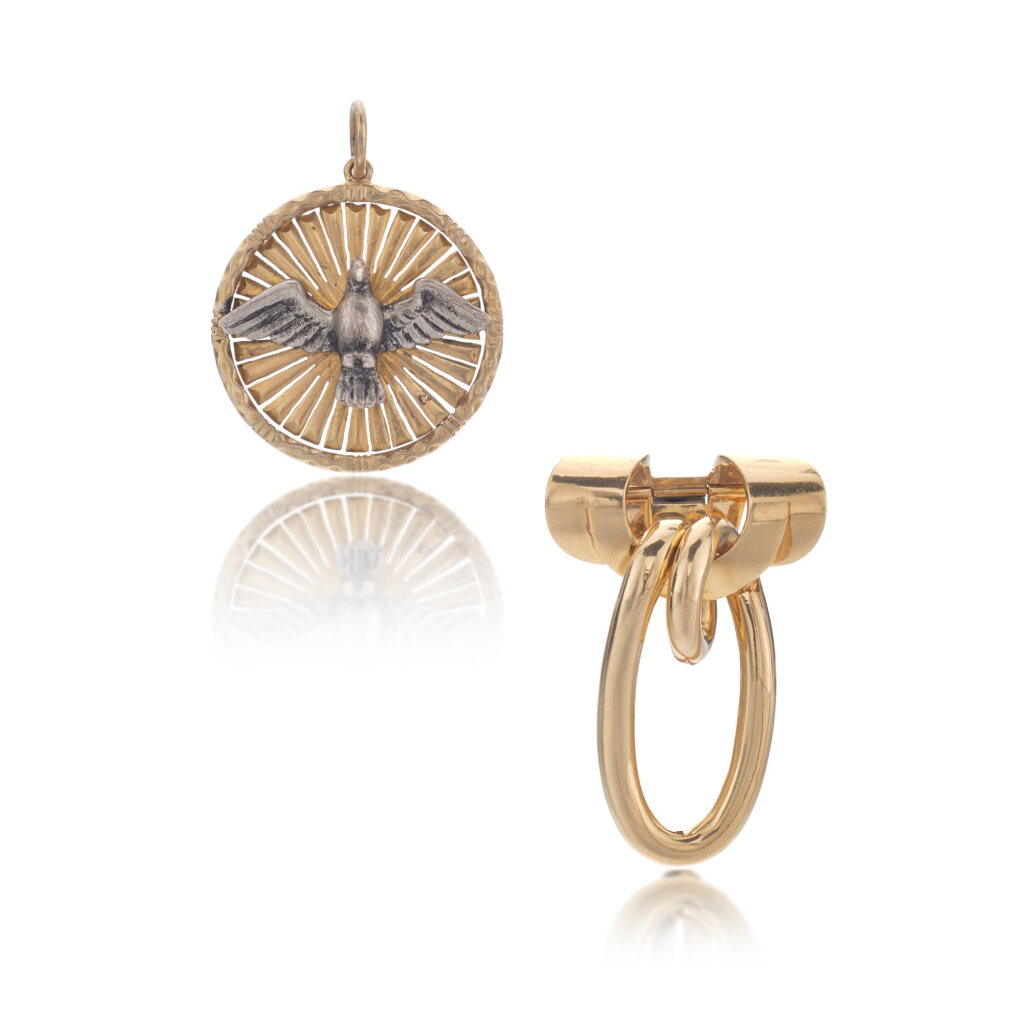 View full screen - View 1 of Lot 1105. Polished gold clip, 1930s and a silver pendant, circa 1928.