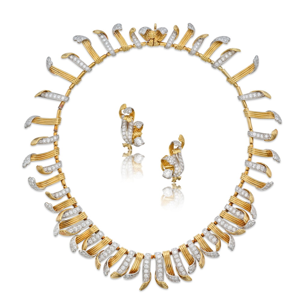 View full screen - View 1 of Lot 3. Gold and Diamond Necklace and Pair of Earclips.