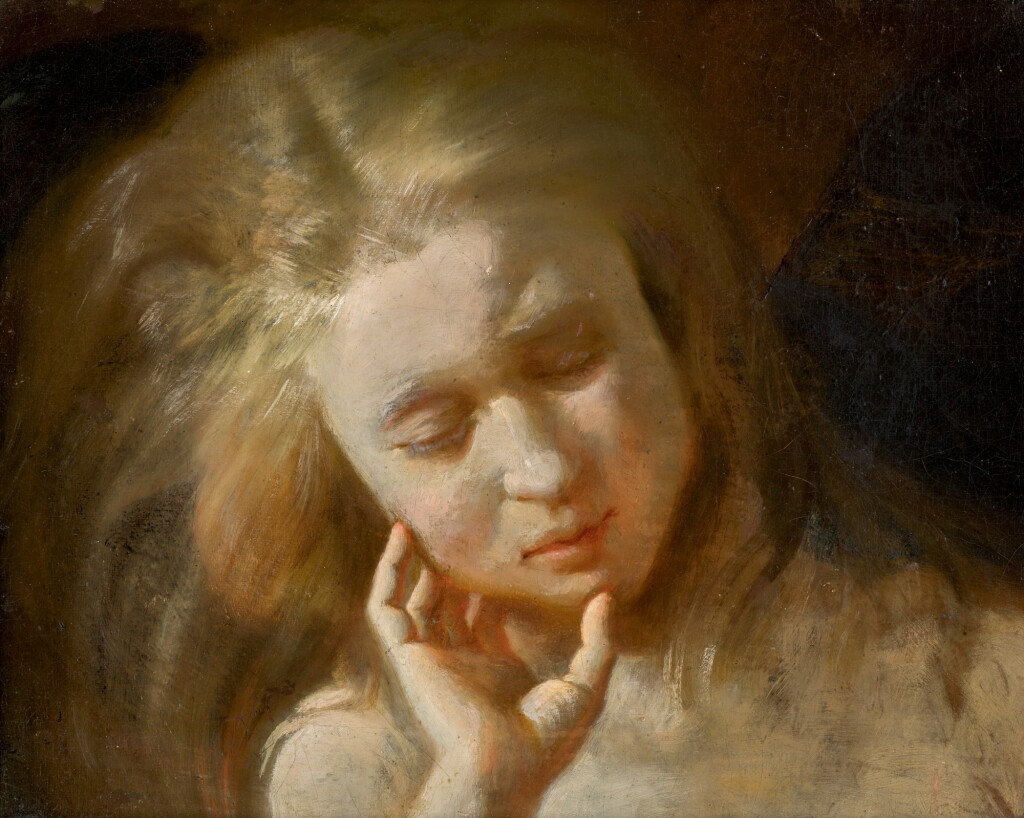 View full screen - View 1 of Lot 110. FRENCH SCHOOL, CIRCA 1800 | A girl resting her head on her hand.