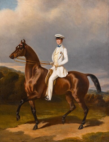 View full screen - View 1 of Lot 375. Portrait of a gentleman in a white suit on horseback.