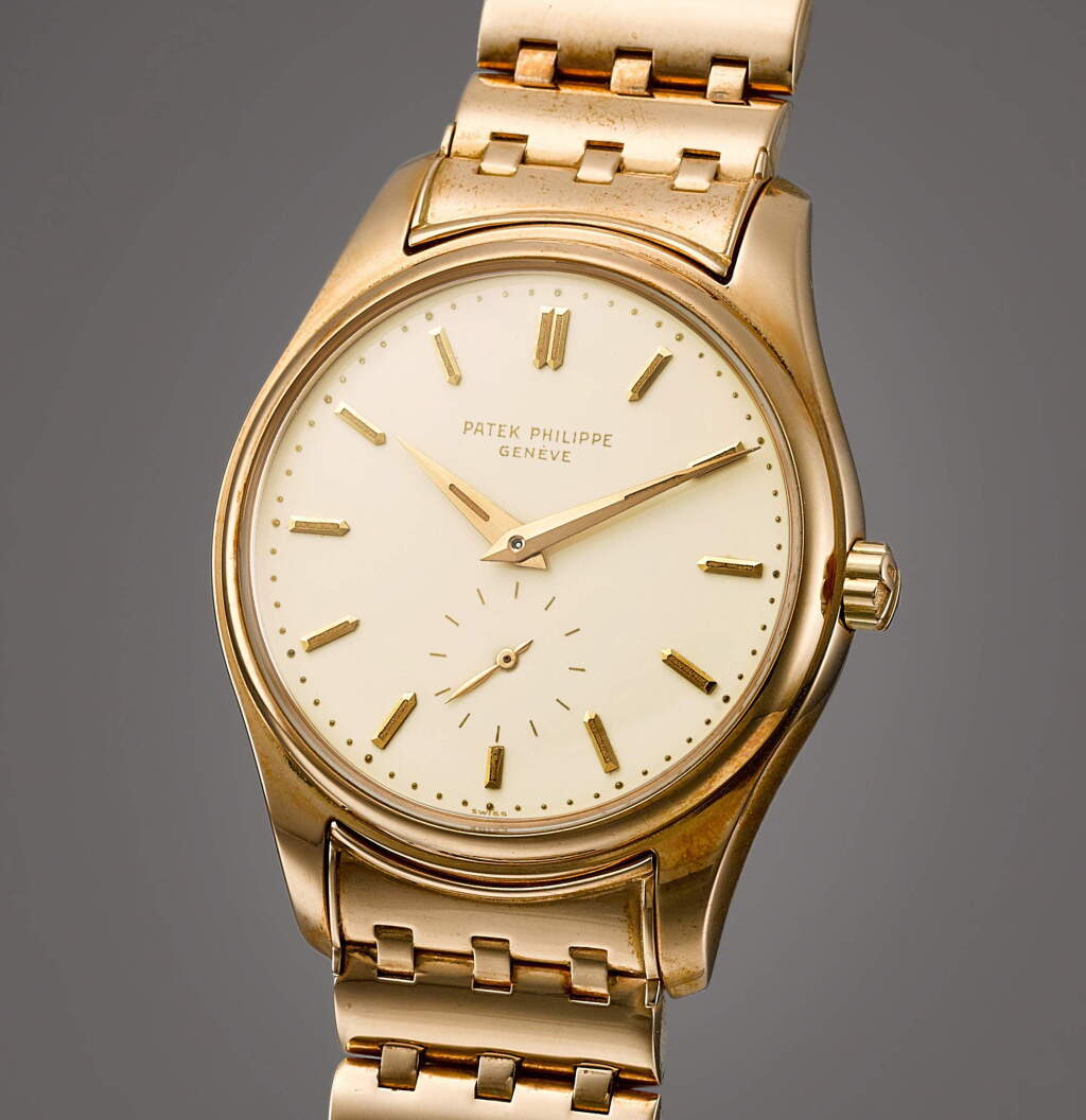 View full screen - View 1 of Lot 2013. Reference 2526 | A well preserved pink gold wristwatch with luminous enamel dial and bracelet, Made in 1957 | 百達翡麗 | 型號 2526 | 粉紅金鏈帶腕錶,備琺瑯夜光錶盤,品相優良,1957年製.