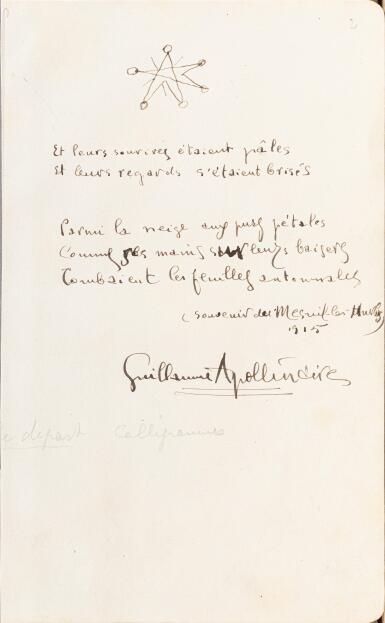 View full screen - View of Calligrammes. 1918. Reliure étoilée de Huser pour Jacques Guérin. Exemplaire de tête sur Japon ancien. Avec un poème autographe du poète..