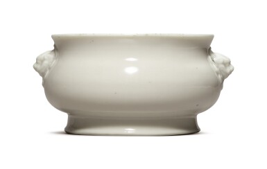 View full screen - View 1 of Lot 1146. A 'DEHUA' BOMBE-FORM CENSER WITH APPLIED 'LION MASK' HANDLES, QING DYNASTY, 17TH / 18TH CENTURY.