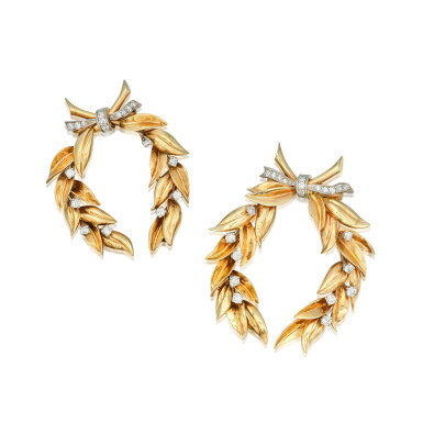 View full screen - View 1 of Lot 463. Pair of Gold, Platinum and Diamond Brooches.