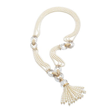 View full screen - View 1 of Lot 710. Rock crystal, cultured pearl and diamond sautoir, 1970s.