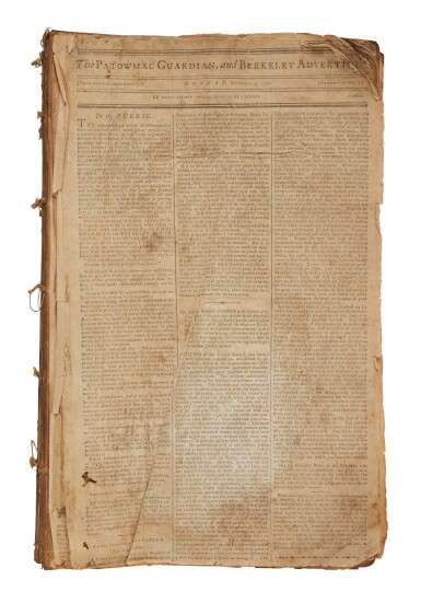 View full screen - View 1 of Lot 1058. The Patowmac Guardian and Berkeley Adveriser | An usually extensive run, with a perhaps unique survival of the first issue.