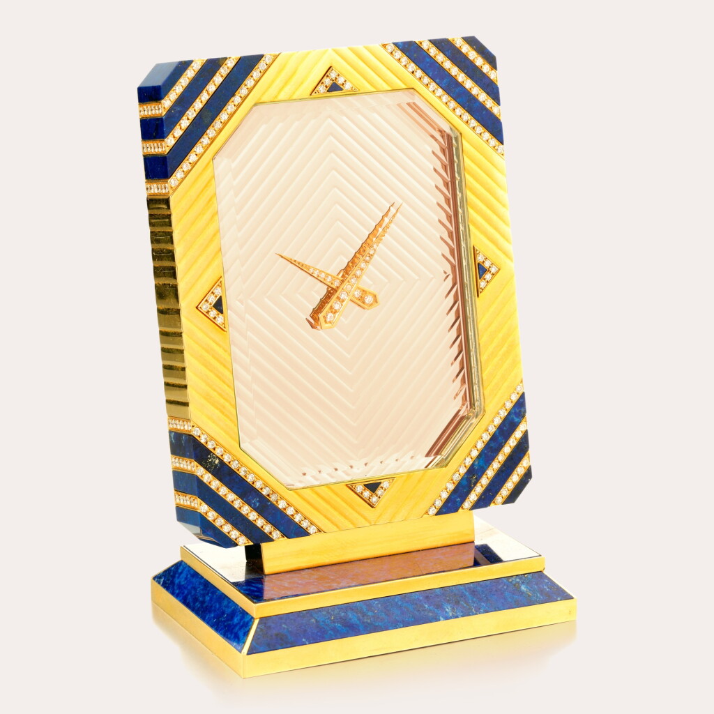 View full screen - View 1 of Lot 168. Reference 2012 | A unique yellow gold, silver, lapis lazuli and diamond-set table clock | Circa 1980.