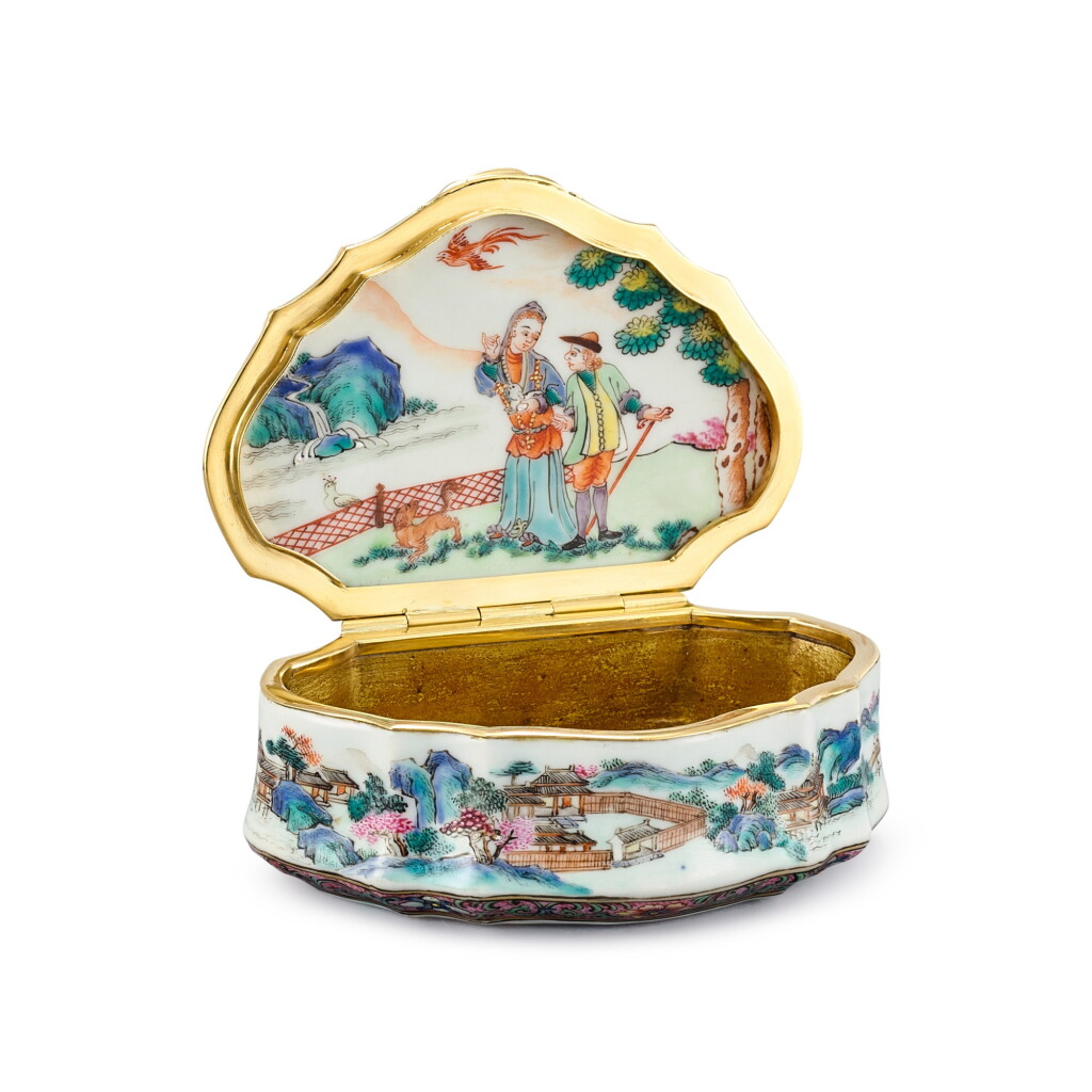 View full screen - View 1 of Lot 383. An extremely rare famille-rose 'European subject' box and cover Qing dynasty, Qianlong period | 清乾隆 粉彩山水西洋人物圖荷包式蓋盒.