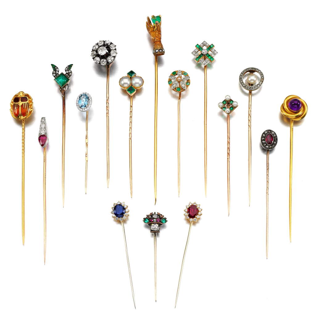 View full screen - View 1 of Lot 131. Cartier | Ruby and diamond stick pin | Group of fifteen gem set and diamond stick pins.