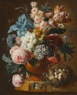 Still life with roses, tulips, and an iris in a terracotta vase, with a bird's nest on a ledge