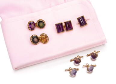 View full screen - View 1 of Lot 1040. TWO PAIRS OF GEM SET CUFFLINKS AND FOUR DRESS STUDS.