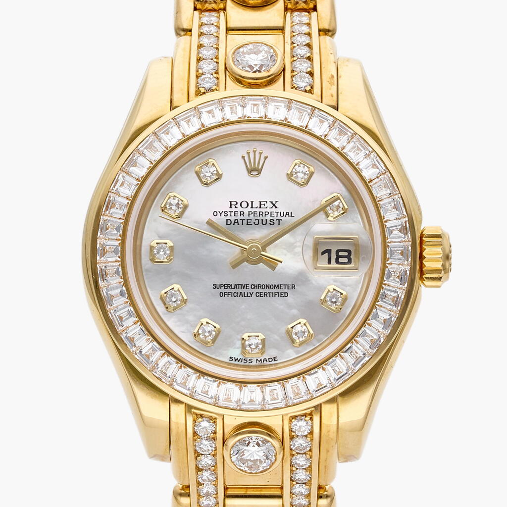 View full screen - View 1 of Lot 137. Reference 80308 Datejust Pearlmaster | A yellow gold and diamond-set automatic wristwatch with date, bracelet, and mother-of-pearl dial, From the Collection of Tony Bennett, Circa 1999.