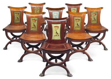 View full screen - View 1 of Lot 1. A SET OF EIGHT IRISH GEORGE III MAHOGANY HALL CHAIRS, LATE 18TH CENTURY/EARLY 19TH CENTURY.