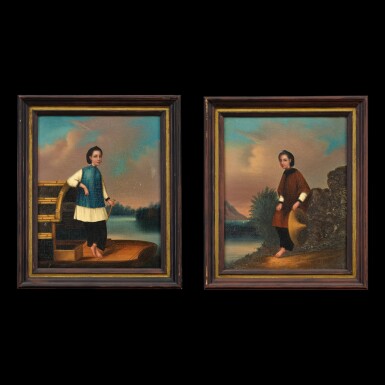 View full screen - View 1 of Lot 178. Youqua (fl. 1840-1880) Two Portraits of Tanka Boatwoman | 煜呱(活躍於1840-1880年) 蜑家女畫像兩幅 布本油畫 木框.