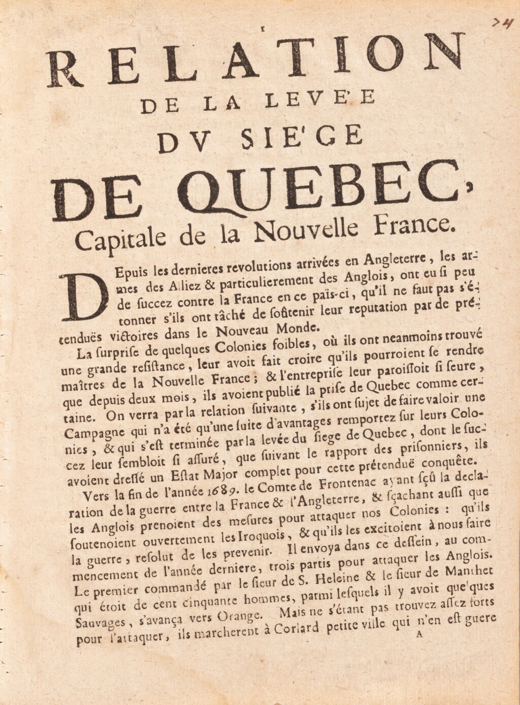 View full screen - View 1 of Lot 212. Relation de la levée du siege de Quebec... Paris, 1691. In-4. Plaquette d'une insigne rareté..