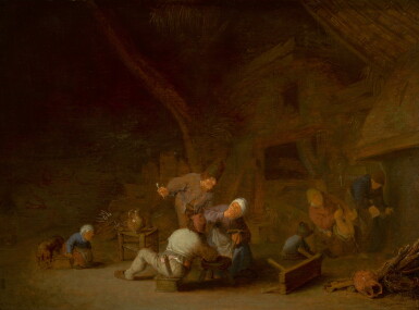 View full screen - View 1 of Lot 128. ADRIAEN VAN OSTADE | INTERIOR OF A BARN WITH PEASANTS CAROUSING ('THE SENSE OF SMELL').