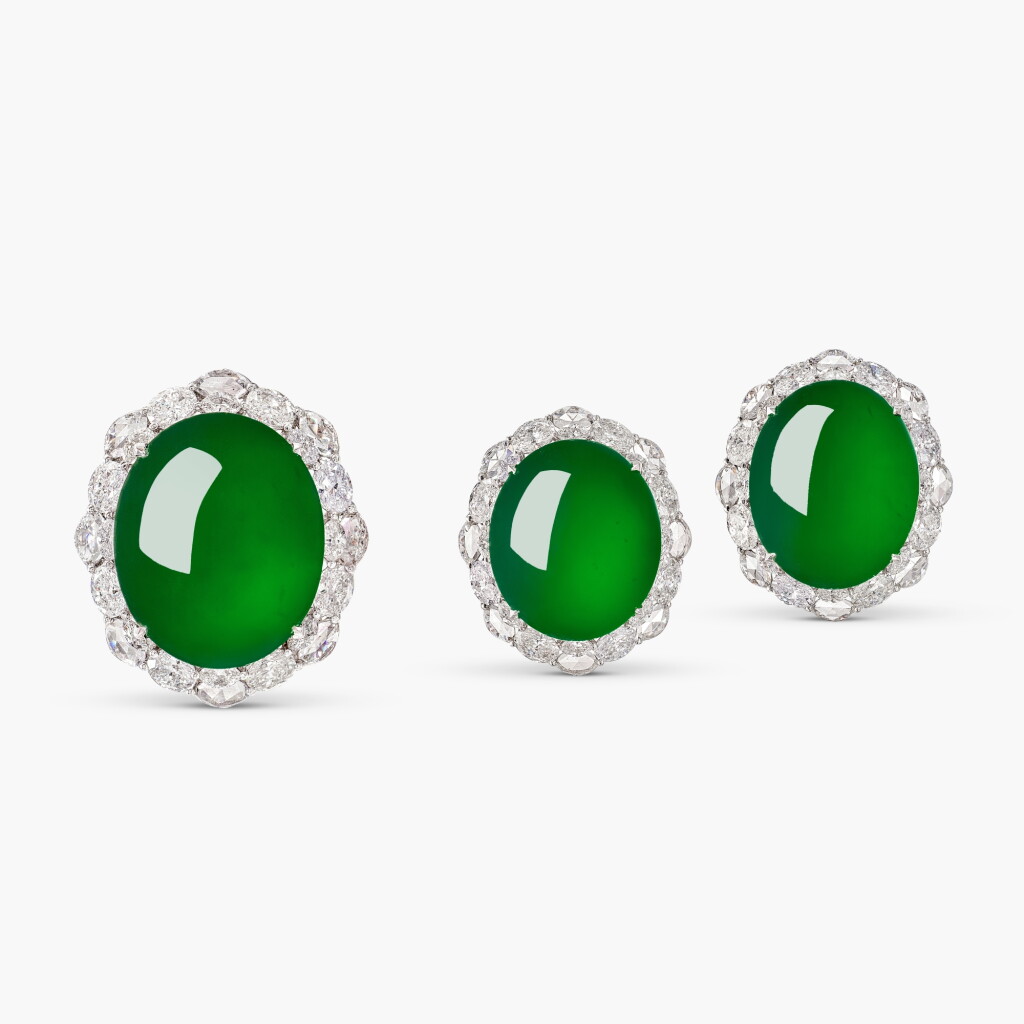 View full screen - View 1 of Lot 1795. Jadeite and Diamond Demi-Parure | 天然「緬甸」翡翠 配 鑽石 戒指 及 耳環套裝.