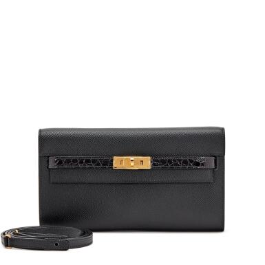View full screen - View 1 of Lot 164. Black Niloticus Crocodile and Epsom Touch Kelly To Go Wallet Gold Hardware, 2022.