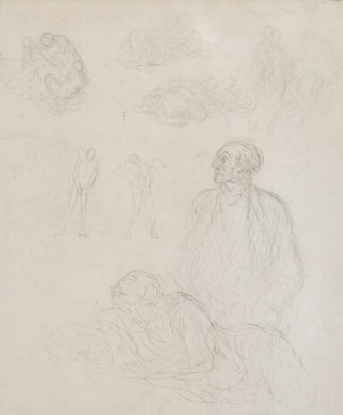 View full screen - View 1 of Lot 71. Recto: Feuille d'etudes avec une femme accoudee et un homme debout Verso: Feuille d'etudes avec un couple dans un paysage.