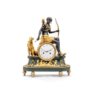 View full screen - View 1 of Lot 58. An Empire patinated and gilt bronze Africa mantel clock, by Jean-Simon Deverberie, circa 1805, the dial signed Poudra | Pendule à l’Afrique en bronze patiné et doré d’époque Empire par Jean-Simon Deverberie, vers 1805, le cadran signé Poudra.