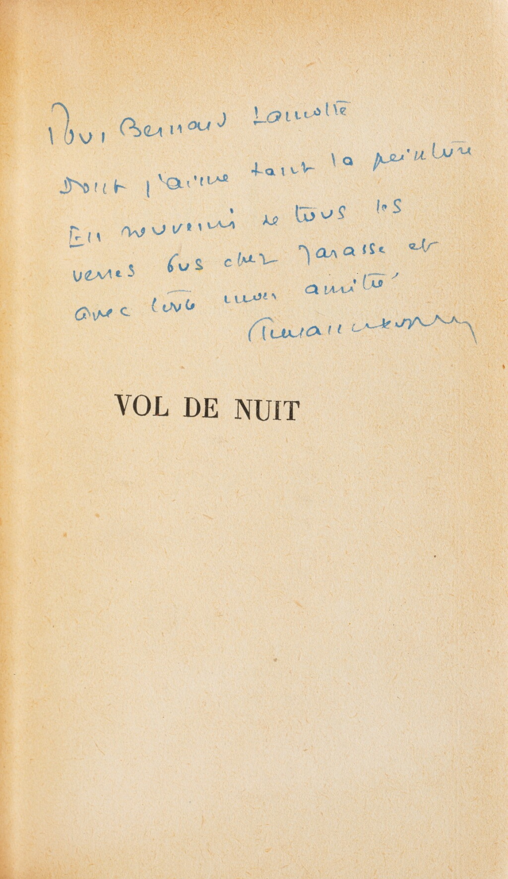 View full screen - View 1 of Lot 310. Vol de nuit. 1931. Envoi à Bernard Lamotte. Demi-maroquin noir d'Alix..