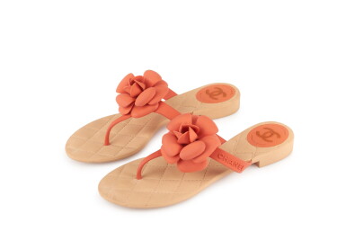View full screen - View 1 of Lot 147. CHANEL | ORANGE PVC CAMELLIA THONG SANDALS .
