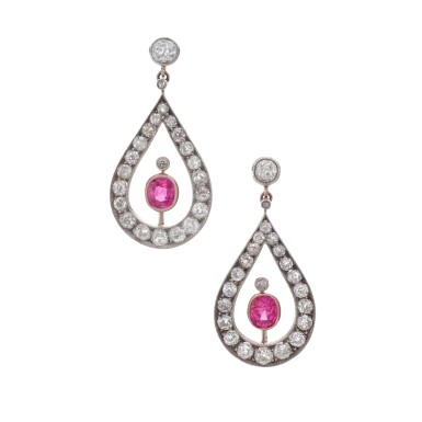 View full screen - View 1 of Lot 284. Pair of ruby and diamond pendent earrings, circa 1880 | 紅寶石及鑽石耳墜一對,1880年.
