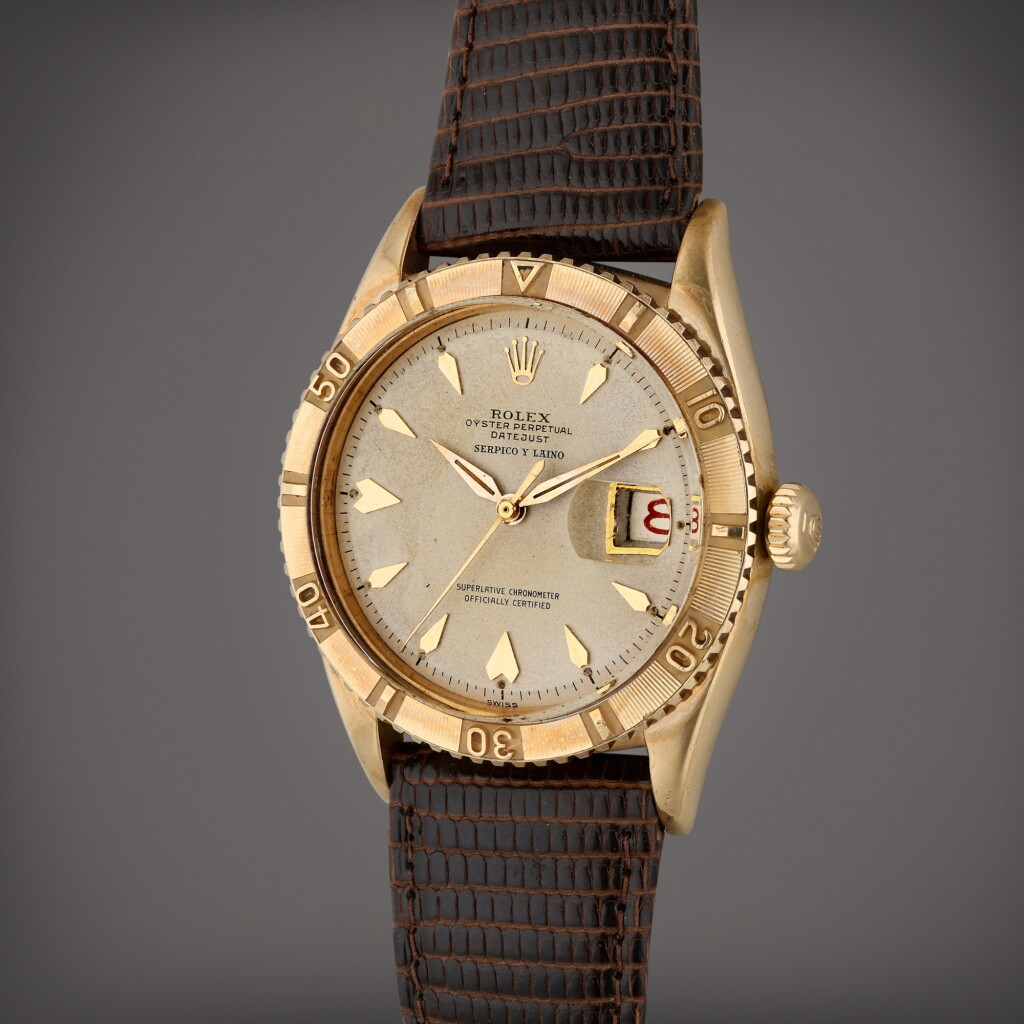 View full screen - View 1 of Lot 374. Reference 6609 Datejust | Retailed by Serpico & Laino: A yellow gold automatic wristwatch with date, Circa 1957.