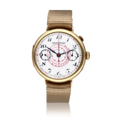 View full screen - View 1 of Lot 485. A yellow gold mono-pusher chronograph wristwatch with registers and snail tachometer scale, Circa 1940.