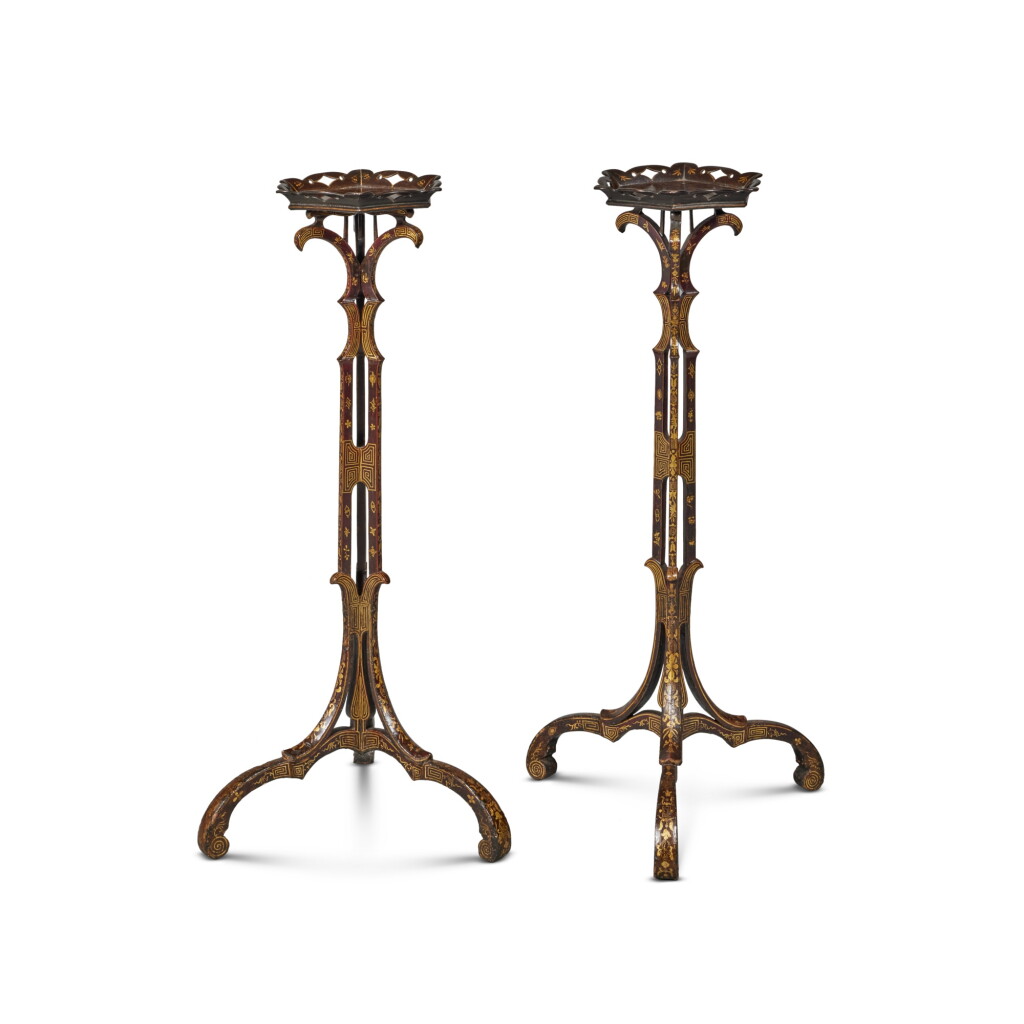 View full screen - View 1 of Lot 53. A Pair of George II Gilt and Black Japanned Torchères, Mid-18th Century.