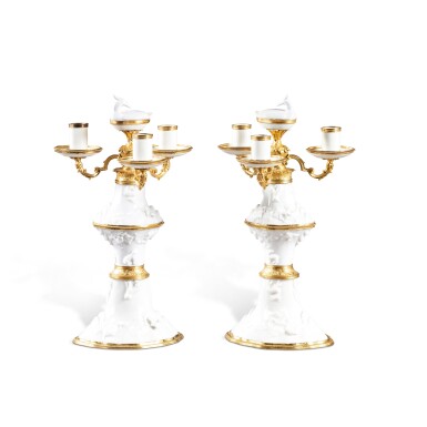 View full screen - View 1 of Lot 429. A pair of gilt-bronze mounted Chinese blanc de Chine candelabra, the porcelain Dehua, late 17th early/18th century, the mounts Régence, circa 1715-1725.