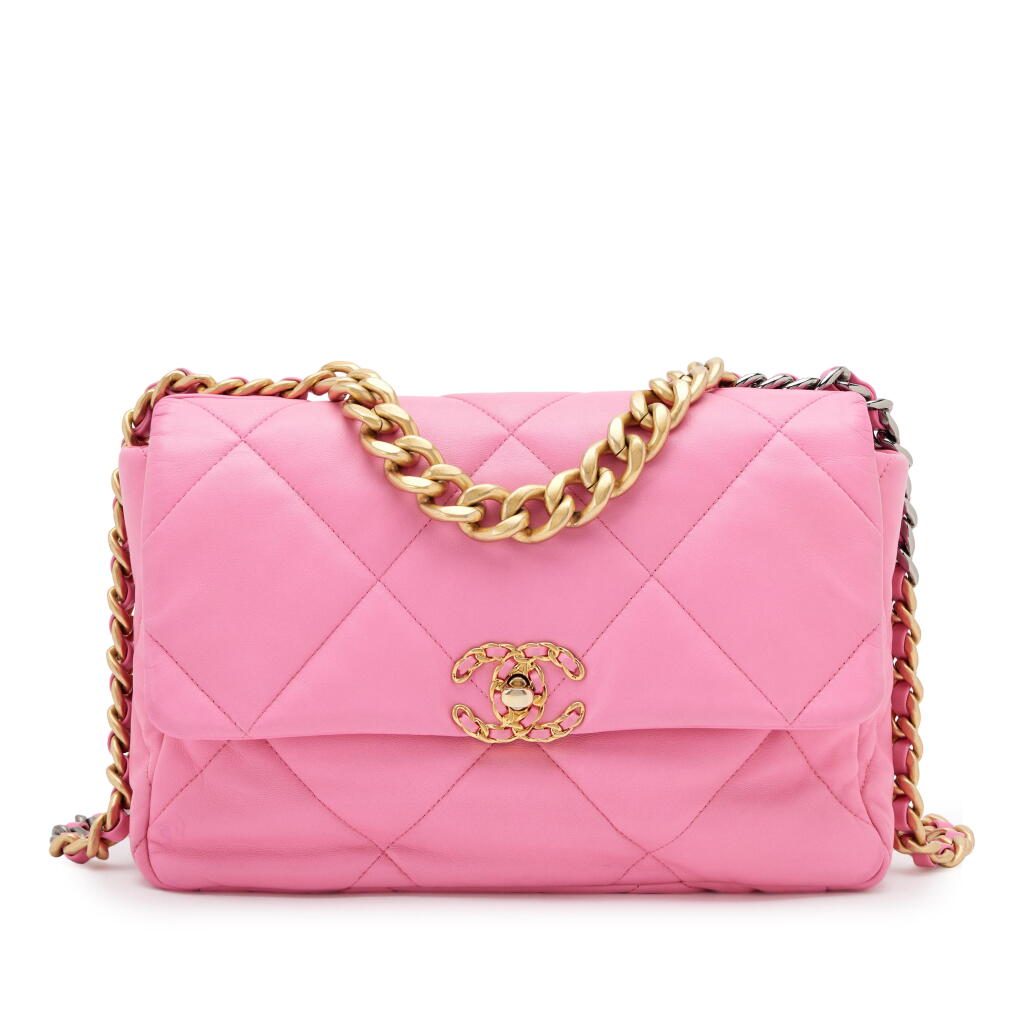 View full screen - View 1 of Lot 54. Pink Lambskin Large Chanel 19 Flap Brushed Gold and Ruthenium Hardware, 2021.