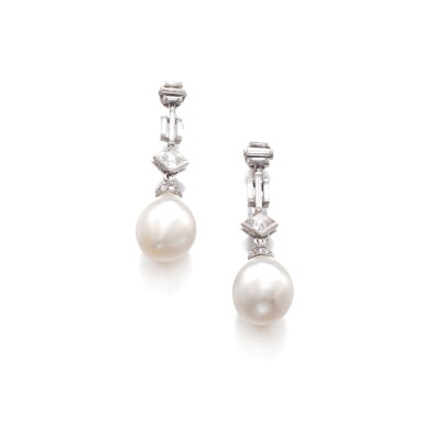 View full screen - View 1 of Lot 727. Pair of natural pearl and diamond pendent earrings.