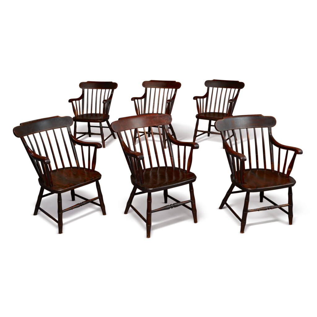 View full screen - View 1 of Lot 1724. ASSEMBLED SET OF SIX GRAIN-PAINTED MAPLE TABLET-TOP WINDSOR ARMCHAIRS, WILLIAM M. WHITE AND JOHN C. HUBBARD, BOSTON, MASSACHUSETTS, CIRCA 1857-1875.