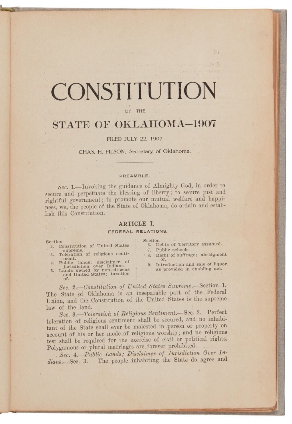 View full screen - View 1 of Lot 172. Oklahoma | An early printing of the state constitution.