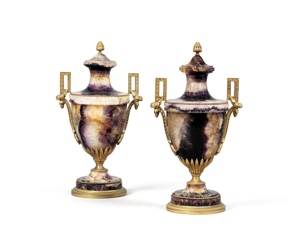 View full screen - View 1 of Lot 412. A pair of English gilt-metal mounted blue-john covered urns, second half 19th century.