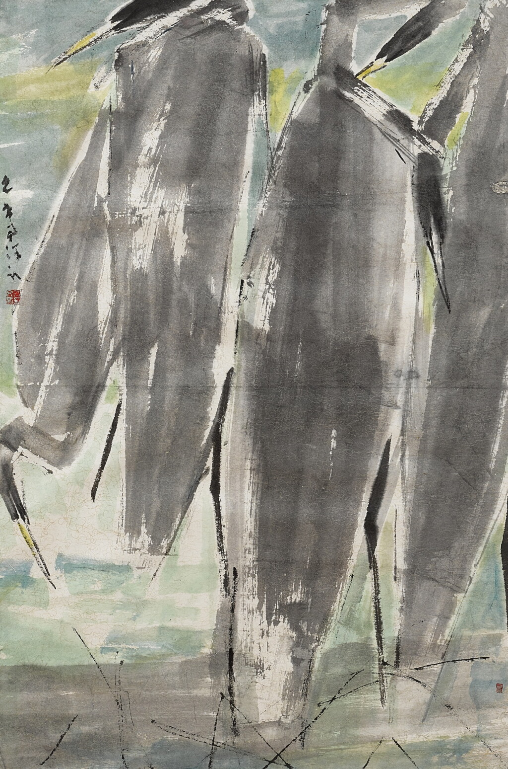 View full screen - View 1 of Lot 882. Chen Wen Hsi 陳文希 | Cranes in abstract form 抽象仙鶴 .