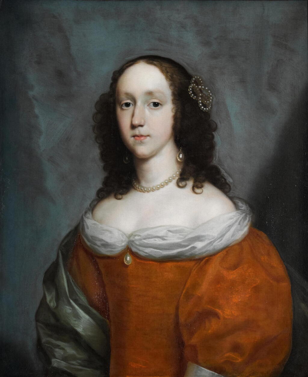 View full screen - View 1 of Lot 8. CORNELIUS JOHNSON | A portrait of a lady, half-length, wearing an orange silk dress and a green silk shawl.