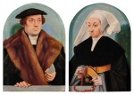 Portrait of a gentleman, half-length, wearing a black coat with fur collar, holding a letter; Portrait of his wife, half-length, wearing a black dress and cape with gold belt, holding a red and gold bead rosary