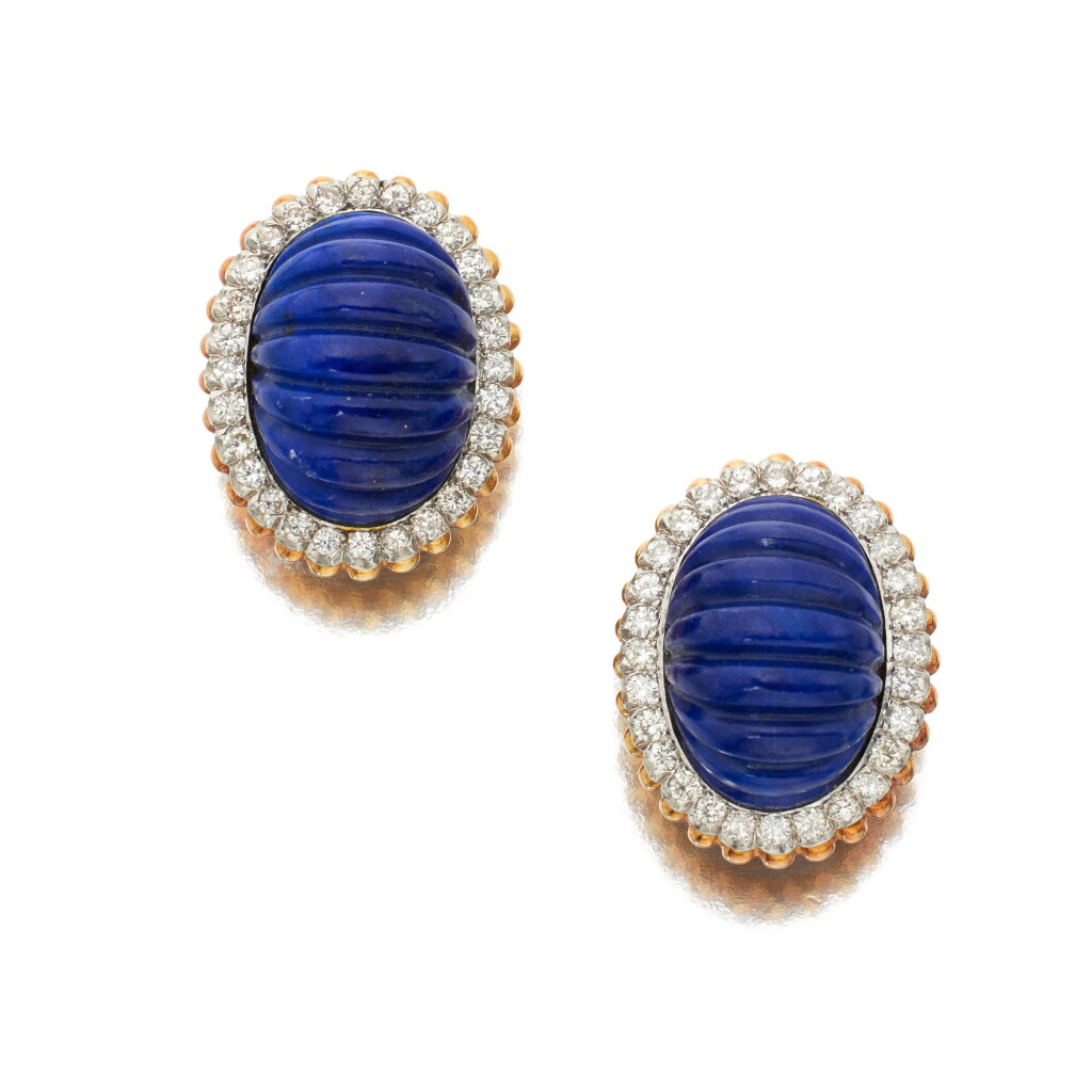 View full screen - View 1 of Lot 354. Pair of Lapis Lazuli and Diamond Earclips.