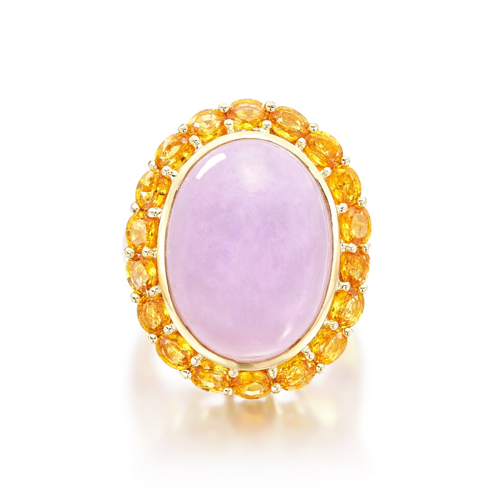 View full screen - View 1 of Lot 2790. Lavender Jadeite and Orange Sapphire Ring | 紫色翡翠 配 橙色剛玉 戒指.