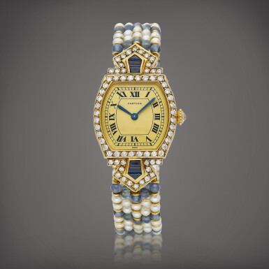 View full screen - View 1 of Lot 8786. Tortue | A yellow gold, sapphire and diamond-set bracelet watch with sapphire bead and cultured pearl bracelet, Circa 1990 | 卡地亞 | Tortue | 黃金鑲藍寶石及鑽石鏈帶腕錶,備藍寶石及珍珠鏈帶,約1990年製.