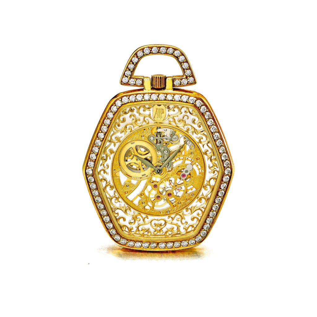 View full screen - View 1 of Lot 824. AUDEMARS PIGUET | A YELLOW GOLD AND DIAMOND SET SKELETONIZED HEXAGONAL OPEN FACED WATCH, CIRCA 1985 | 愛彼 | 黃金鑲鑽石鏤空懷錶,年份約1985.