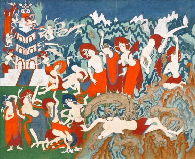 View full screen - View 1 of Lot 8033. 張大千 臨摹敦煌壁畫「捨身飼虎」| Chang Dai-chien, Bodhisattva and The Hungry Tigress.