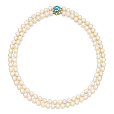 View full screen - View 1 of Lot 95. Cultured pearl, turquoise and diamond necklace .