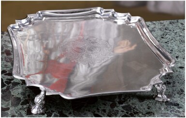 View full screen - View 1 of Lot 56. A GEORGE II SILVER SALVER, FRANCIS SPILSBURY, LONDON, 1734.