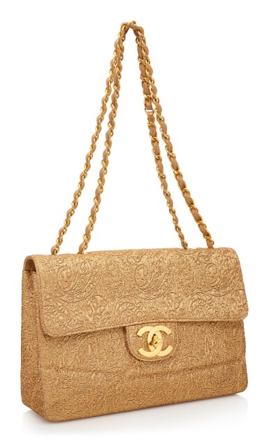 View full screen - View 1 of Lot 1. GOLD EMBROIDERED FABRIC AND LEATHER WITH GOLD-TONE METAL CLASSIC SHOULDER BAG , CHANEL.