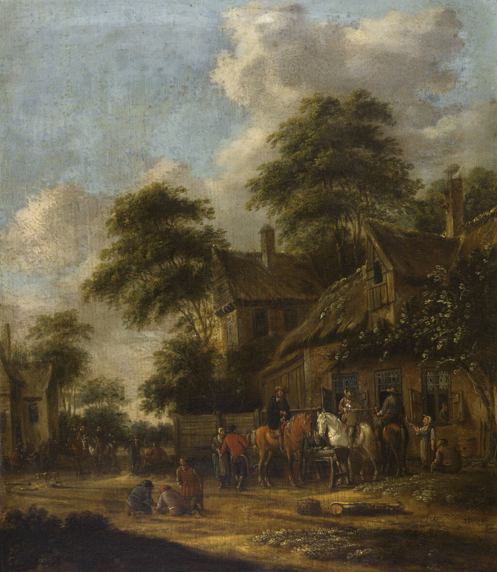 View full screen - View 1 of Lot 117. THOMAS HEEREMANS | A village landscape with figures outside a tavern.