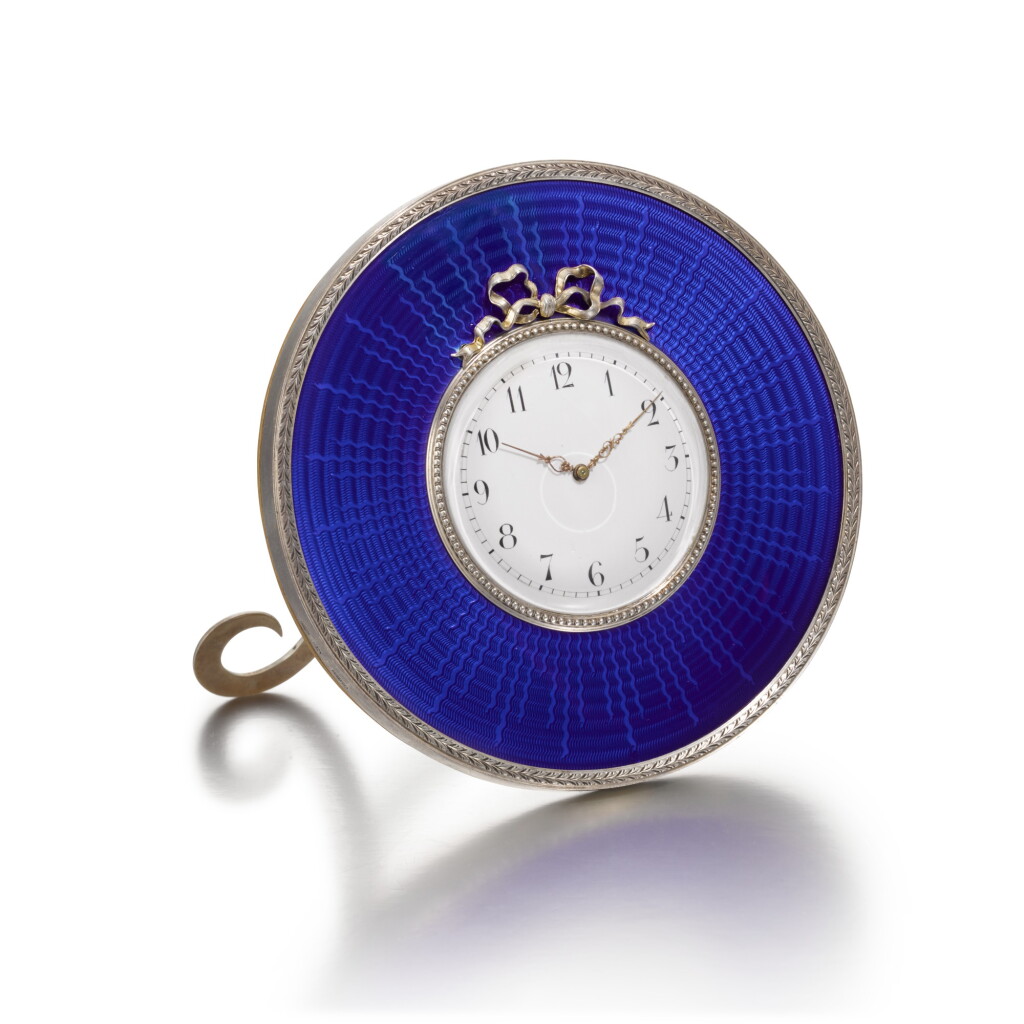 View full screen - View 1 of Lot 243. A Fabergé silver and enamel desk clock, workmaster Michael Perkhin, St Petersburg, 1899-1903.