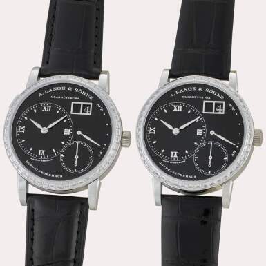 View full screen - View 1 of Lot 100. Reference 181.862G Little Lange 1 & Reference 191.862G Lange 1 'Secret Set' | A pair of limited edition platinum and diamond-set wristwatches with digital date display and power reserve indication, Circa 2025.